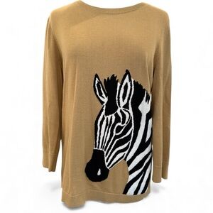 Talbots Zebra On‎ Camel Color Graphic Cotton Blend Crew Neck Sweater Size Large